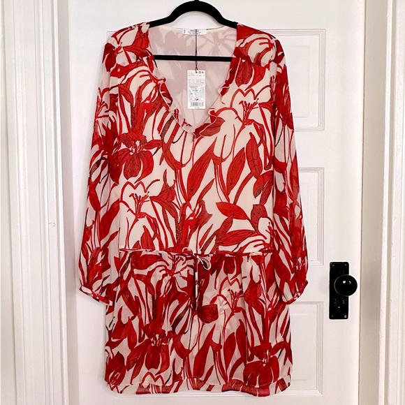 NWT Mango Suiting Red Floral V-Neck Sheer Long Sleeve Tunic Dress, Size 8 US - Picture 10 of 13